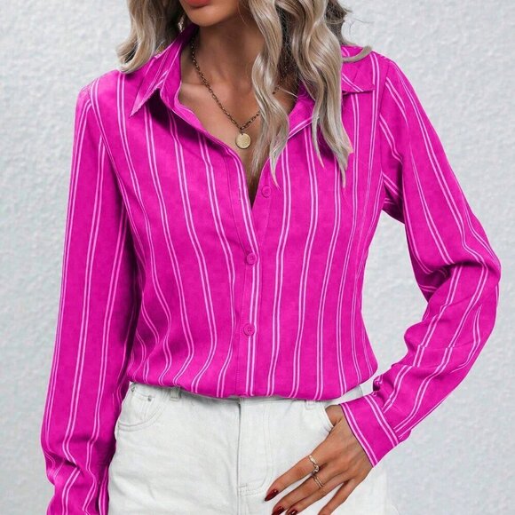 Hot Pink Casual Women's Striped Long Sleeve Shirt - Picture 4 of 6